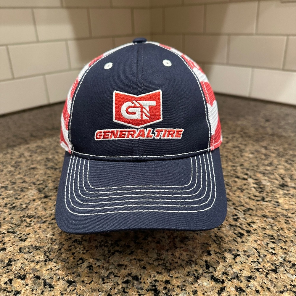 General Tire Trucker Hat Navy‎ Blue Red White USA Flag Mesh Snapback Cap
